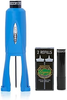 Cork Pops Legacy Wine Opener Built-in 4-Blade Foil Cutter Safe Cork Removal, Effortless Push Button Use, Needle Guard for Safety, Low-Pressure Cartridge Opens Up To 60 (Blue, With 3 Cartridges)