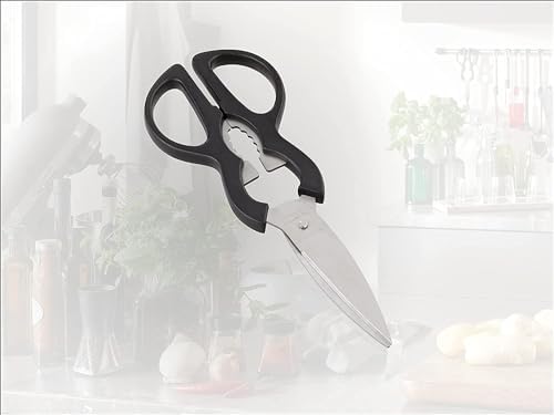 Leifheit Practical Household Scissors, Stainless Steel Blades, Silver, with Crown Top Lifter, Screw Top Opener