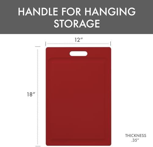 Dexas NSF Certified Polysafe Cutting Board with Handle and Juice Well, 12 x 18 inches, Reversible Kitchen Cutting Board, Red