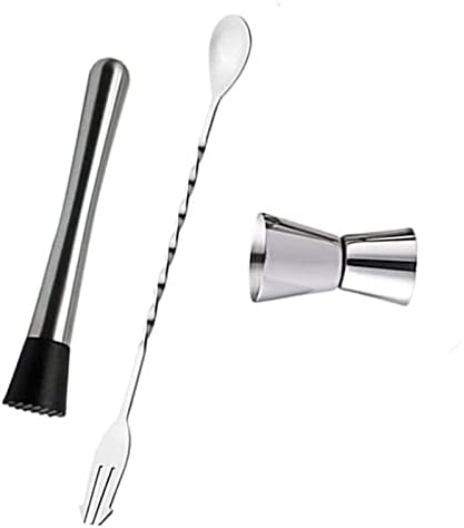 Muddler for Cocktails Bar Spoon Stainless Steel Cocktail Muddler Long Drink Stirrer Bartender Spoon Cocktail Mixing Spoon Muddler and 15ml 30ml Jigger Bar Tool Set for Home