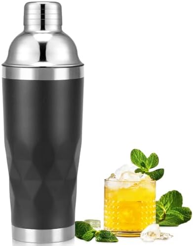 Insulated Cocktail Shaker Black -20oz Double Wall Vacuum Stainless Steel Martini Shaker with Built-in Strainer, Pro Leak-Proof Weighted Shaker for Home Bar, Premium Bar Gift Set