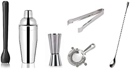 Dynore Stainless Steel 6 Pcs Bartender Martini Kit Set - Teardrop Bar Spoon Cocktail Shaker 500 ml Tall peg Measure 30/60 ml Black PVC Muddler Ice Tong Cocktail Strainer- Set of 6