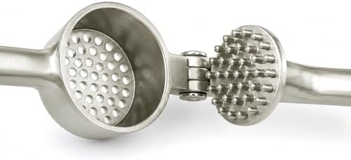 Heavy Duty Garlic Press with Zinc Alloy Handle & Stainless Steel Chamber, 61 Holes Garlic Mincer & Crusher, No Peeling Required, Includes Silicone Garlic Peeler & Cleaning Brush, Silver
