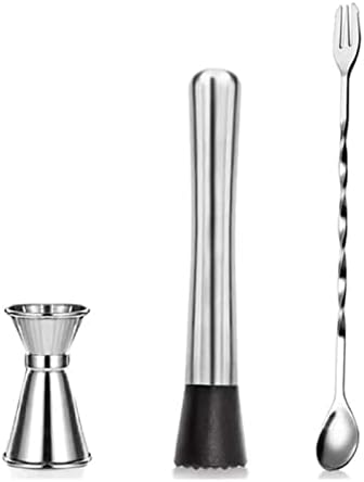 Muddler for Cocktails Bar Spoon Stainless Steel Cocktail Muddler Long Drink Stirrer Bartender Spoon Cocktail Mixing Spoon Muddler and 15ml 30ml Jigger Bar Tool Set for Home
