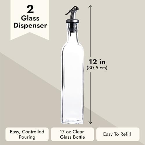 Juvale Olive Oil Dispenser Bottle - 17 Fl Oz (500 ml), Clear Glass, 2-Pack - Oil & Vinegar Set for Kitchen - Airtight Pour Spouts & Lever-Release Lids - Salad Dressing Container & Vinegar Dispenser