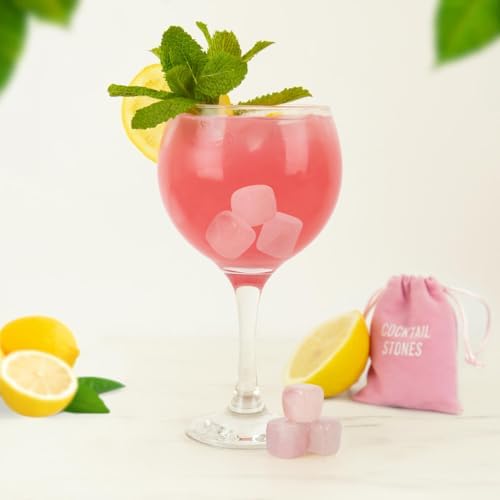 Gift Republic Rose Quartz Cocktail Stones – Set of 6 Reusable Ice Cubes - Natural Drink Chillers with Drawstring Bag – Elegant Ice Alternative for Spirits & Cocktails – Stylish Home Barware Gift