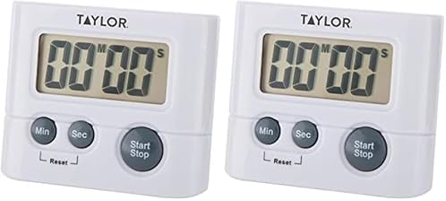 Taylor Digital Timer with 99 Minute 59 Second Display, Easy to Use, White Compact Design for Kitchen Cooking, Baking, and Timing Needs (Pack of 2)