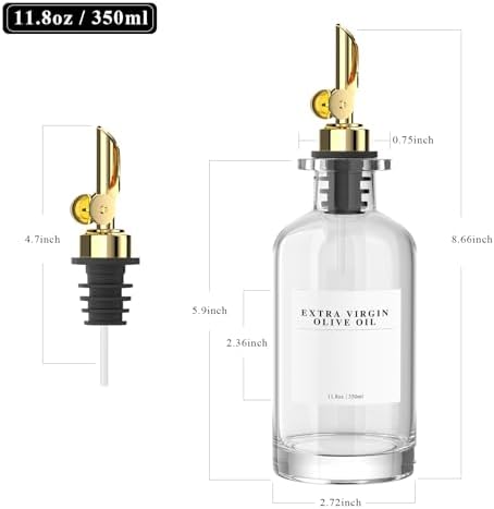 2 Pack Olive Oil Dispensers Bottle for Kitchen, Glass Cooking Oil Dispenser, Oil and Vinegar Dispenser Set with Weighted Pourer and 40 Labels, Gold 12 oz