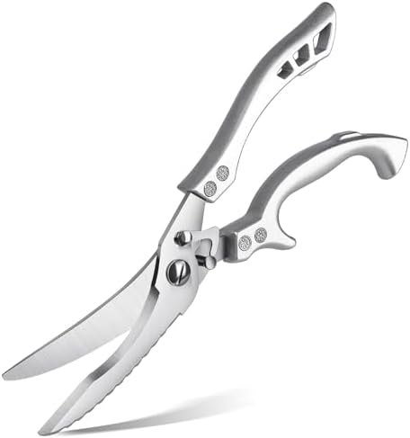 Heavy Duty Stainless Steel Kitchen Shears – Poultry Scissors; suitable for bone, meat, chicken, fish, turkey, and vegetables; spring-loaded, multi-functional, ultra-sharp, and practical