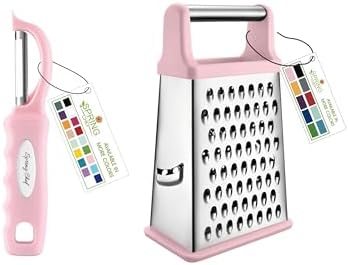 Spring Chef Stainless Steel Swivel Peeler & 4 Sided Handheld Box Grater, XL Size - 2 Product Bundle - Pink Lemonade