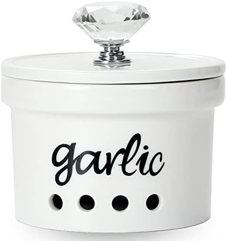 Garlic Keeper with Crystal Lid, 12.5 oz Ceramic Garlic Saver Container for Countertop, Farmhouse Kitchen Decor (Silver)