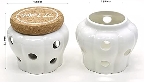 XINLI Rustic Garlic Keeper Vented Ceramic Storage Container. White Stoneware with Nature Cork Lid. 4.3 x 4.3 x 3.7 inches