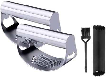 Stainless Steel Garlic Press, 2025 Upgraded Garlic Press Stainless Steel, Garlic Press Rocker, Portable Manual Garlic Crusher, Stainless Steel Garlic Mincer tool with Peeler and Brush (2)