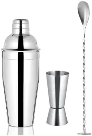 Dynore Stainless Steel 3 Pcs Professional Barware Set- Cocktail Shaker 750, 30/60 Peg Measure and Mixing Stirrer