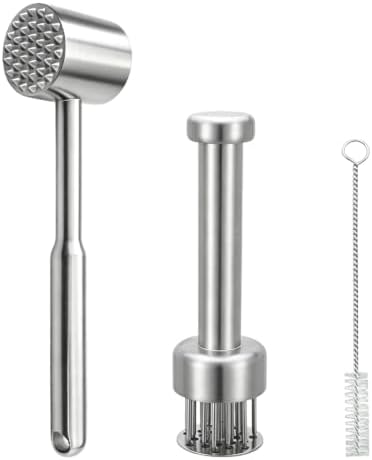 2Pcs Meat Tenderizer Tool Set - Stainless Steel Needle Tenderizer & Dual Sided Meat Hammer, Meat Pounder Flattener Chicken, Meat Beater for Steak & Beef, Chicken Pounder Kitchen Mallet for Cooking