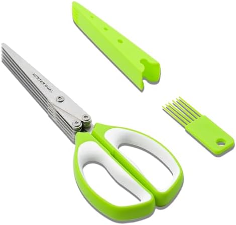 5 Blades Herb Scissors - Professional Kitchen Shears with Safety Cover for Cutting Green Onions, Fresh Herbs, Vegetables & Salad Food Prep, Must-Have Cooking Gadgets (Green, White, 8.7 inch)