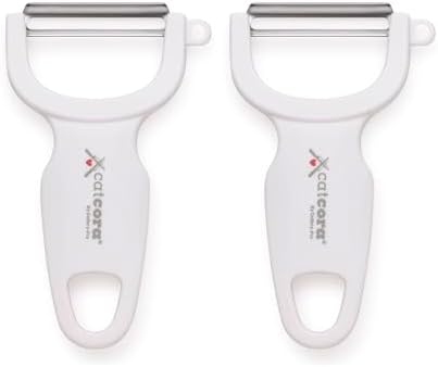 CatCora Swiss-Style Peeler, Professional German Tempered Stainless Steel Blade For Peeling Fruits and Vegetables and Garnishing, Ergonomic Contoured Handle, White, Set of 2