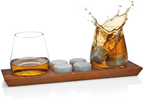 Godinger Whiskey Glasses, Drinking Glasses, Bar Glasses, Wine Glasses, Stemless Glasses, and Chilling Rocks Whiskey Stones Bar Set on Wooden Display Tray