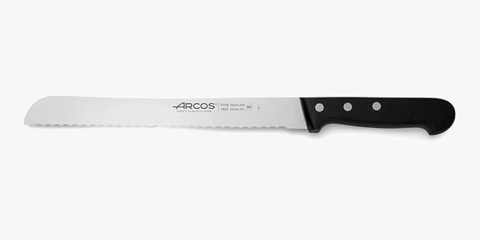 Arcos Bread Knife 10 Inch Nitrum Stainless Steel and 250 mm blade. Obtain a great variety of cuts for your food. Ideal knife for daily domestic use. Series Universal. Color Black.