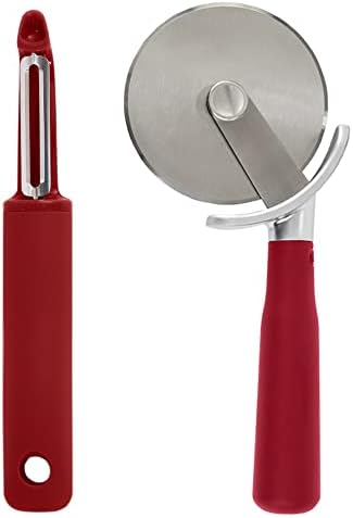 Gorilla Grip Swivel Vegetable Peeler and Pizza Cutter Wheel, Peeler is Dishwasher Safe,Pizza Cutter is Rust Resistant, Both in Red Color, 2 Item Bundle