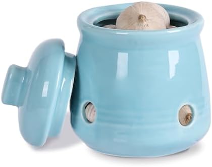 Ceramic Garlic Keeper with Lid, Mini Garlic Saver Container for Countertop, Kitchen Decor (Turquoise)