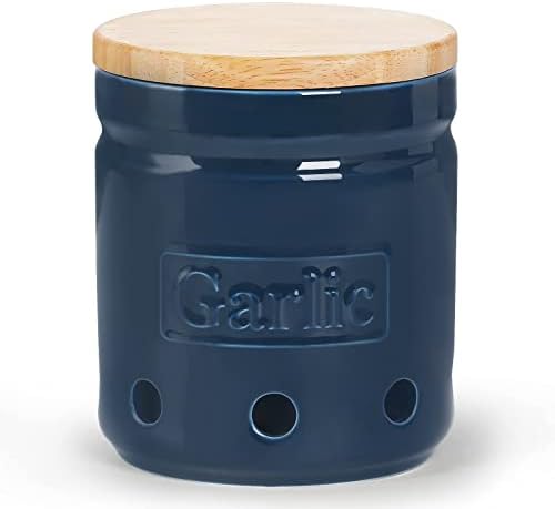 ONTUBE Garlic Keeper with Wooden Lid, 4.5-Inch Ceramic Garlic Holder 24oz (Navy)