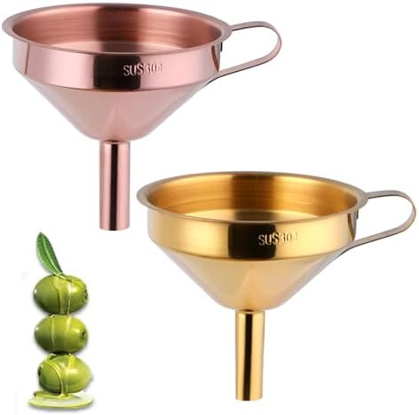 DOCBLACK Stainless Steel Funnel Set of 2, Stainless Steel Funnel with Removable Strainer and Handle, Food Grade Metal Kitchen Funnel for Fluid, Liquid, Oil, Powder Filling Bottles (Gold & Rosegold)