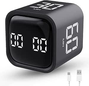 Productivity Timer Flip Gravity Sensor Cube Timer Countdown & Countup,Mute & Vibrate & Sound，5/10/30/60min & Custom Timing, Perfect for ADHD,Work,Learning,Kitchen Cooking (1Black)