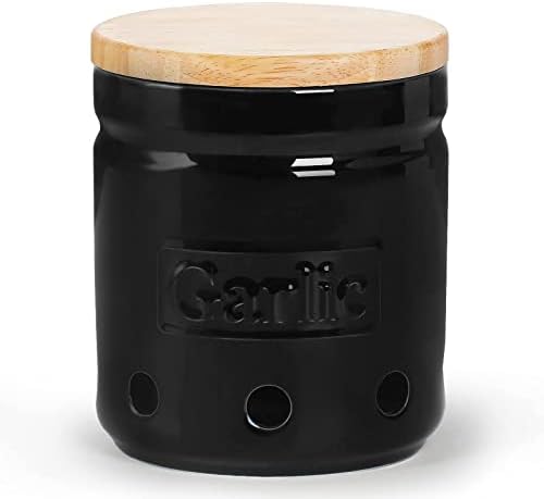 ONTUBE Ceramic Garlic Keeper with Wooden Lid, 4.5-Inch 24oz (Black)