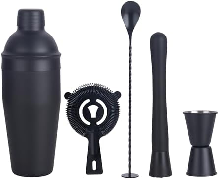 Cocktail Shaker Set Bartender Kit,5 Piece Bar Set Stainless Steel Bar Tools Set for Professional Bartender and Home (Matte Black, 5-Piece)