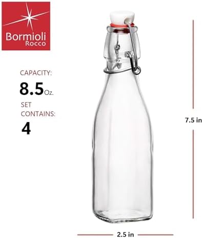 Bormioli Rocco Swing Top Glass Bottle (Set of 4) - 8.5 oz Reusable Container with Secure Metal Clasp, Ideal for Homemade Juices, Oil Infusions, Condiments, Mixers - Everyday Drinking Glasses