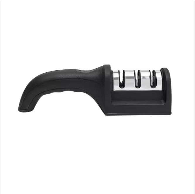 Professional 3-Stage Knife Sharpener with diamond, tungsten steel and ceramic slots. Sharpen kitchen knives, chef knives and scissors easily with this non-slip manual sharpener. (Black)