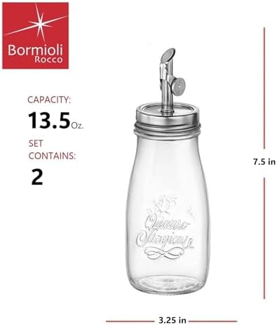 Bormioli Rocco 13.5 oz Quattro Stagioni Oil Dispenser, Set of 2 – Lead-Free Glass Bottles with Weighted Pour Spout for Oil, Vinegar, Syrup & Cocktail Mixers, Durable Kitchen & Bar Containers