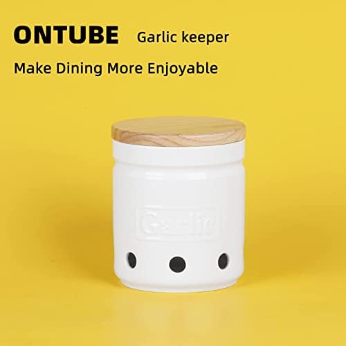 ONTUBE Garlic Keeper with Wooden Lid, 4.5-Inch Ceramic Garlic Holder 24oz (White)