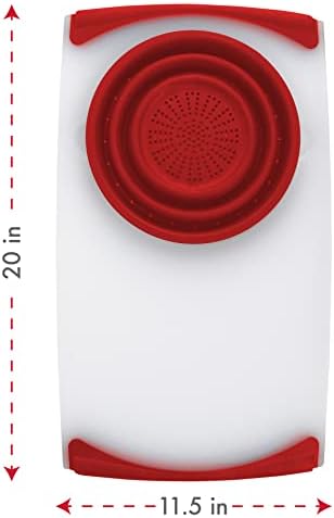 Dexas Over the Sink Poly Cutting Board with Collapsible Colander Strainer, 11.5 x 20",Natural/Red