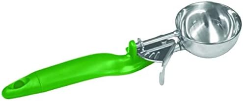 Tiger Chef Stainless steel construction 2-2/3 oz. capacity Green plastic Ergo handle Thumb lever NSF certified Scoop size: #12 Lever Disher (1, Green 2-2/3 oz.)