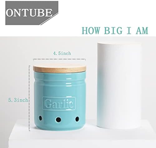 ONTUBE Garlic Keeper with Wooden Lid, 4.5-Inch Ceramic Garlic Holder 24oz (Turquoise)