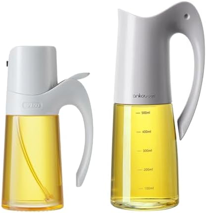 Glass Oil Dispenser and Oil Sprayer for Kitchen Cooking, Olive Oil Dispensing Sprayer Pour Set, 10oz/300ml olive oil spray bottle, 20oz/580ml Oil Dispenser Bottle with Auto Flip Cap for Salad, BBQ