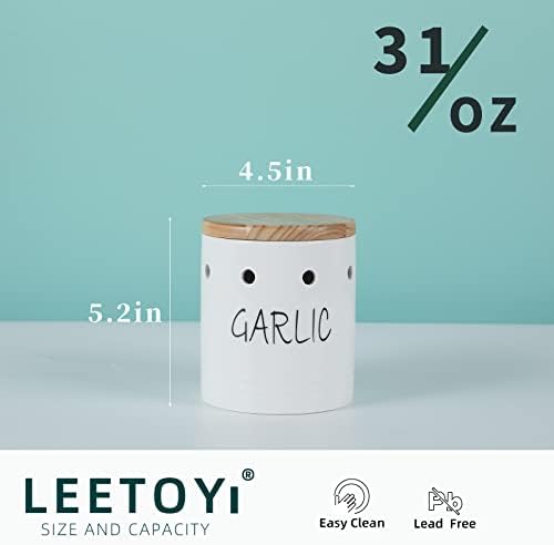 Ceramic Garlic Keeper with Wood Lid, Garlic Container for Counter Easy to Clean,Garlic Saver to Keep Your Garlic Cloves Fresh Longer,Farmhouse Garlic Holder Storage Container, 4.5 inch (White)