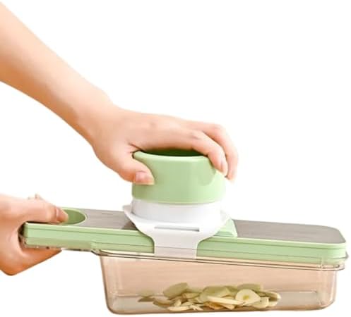 Multipurpose Compact Kitchen Mandoline Vegetable Slicer, Cutter, Cabbage Shredder, Cheese Shredder, with Container. Includes a Cut Resistant Glove & Super Sharp Potato Peeler. Stainless Steel Surface.