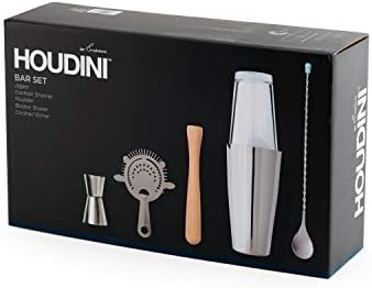 Houdini 5-piece Bar Tool Set, Includes Jigger, Muddler, Cocktail Stirrer, Boston Shaker and Strainer, Assorted