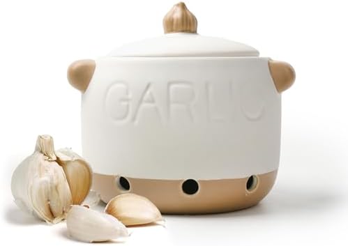 5.1' White Ceramic Garlic Keeper with Lid & Vent Holes for Counter