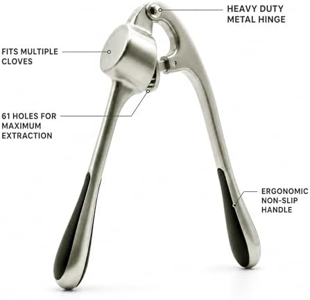 Heavy Duty Garlic Press with Zinc Alloy Handle & Stainless Steel Chamber, 61 Holes Garlic Mincer & Crusher, No Peeling Required, Includes Silicone Garlic Peeler & Cleaning Brush, Silver
