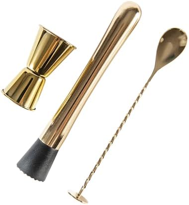 JNWINOG 3-Pcs Gold Muddler & Mixing Tools Set, 10" Muddler, 12" Cocktail Spoon & 1 oz/2 oz Double Jigger, Bar Tool Set for Beverages