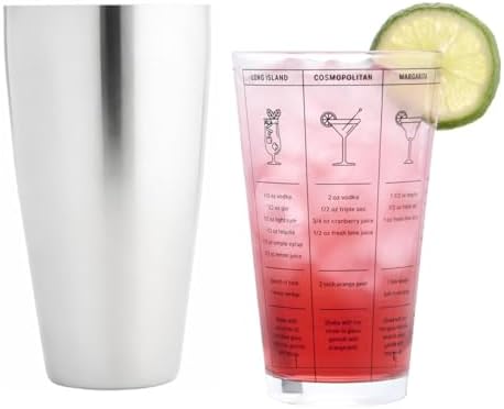 HIC Kitchen Bar Boston Cocktail Shaker and Mixer Glass Set with 7 Printed Recipes, 18/8 Stainless Steel and Borosilicate Glass
