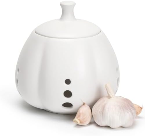 Ceramic Garlic Keeper for Counter, Large Garlic Storage with Lid Garlic Saver for Kitchen to Keep Your Cloves Fresh Longer, White