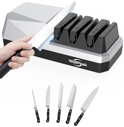 3-Stage Electric Knife Sharpener for 18/20-Degree Knifes, Diamond Abrasive Sharpening for Straight Edge Chef Knives, Ceramic Hone for Chef Knives, Serrated Knives Polishing (SILVER, 3-Stage)