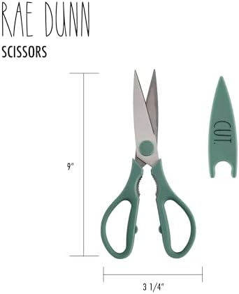 Rae Dunn Kitchen Scissors- Stainless Steel Kitchen Shears, Cooking Scissors for Cutting Meat, Chicken, Herbs and Produce with Blade Cover and Soft Grip Handles (Sage)