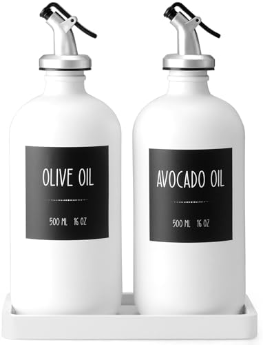 Olive Oil Dispenser Bottle for Kitchen, 16oz Glass Oil and Vinegar Dispenser Set with Wood Tray & 54 Labels - White Cooking Oil Bottles for Kitchen - Coffee Syrup Dispenser - Set of 2