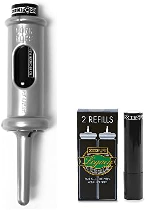 Cork Pops Original Wine Bottle Opener, 6.5 Inch – Made in USA, Effortless Push-Button Cork Removal, Includes Cartridge (Opens Up to 60 Bottles) (Silver, 3 Cartridges)